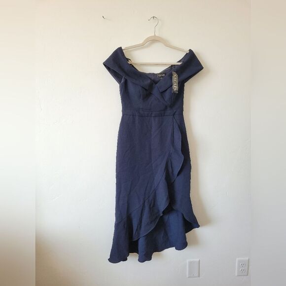 NEW XSCAPE Ballgown Navy Blue Assymetric Hem Crepe Formal Off Shoulder Size 6P - Picture 3 of 11